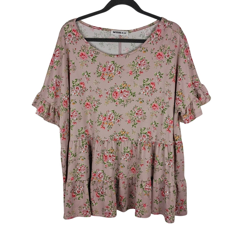 Doublju Womens 2X Floral Babydoll Tunic Top Pink Ruffle Short Sleeve Blouse